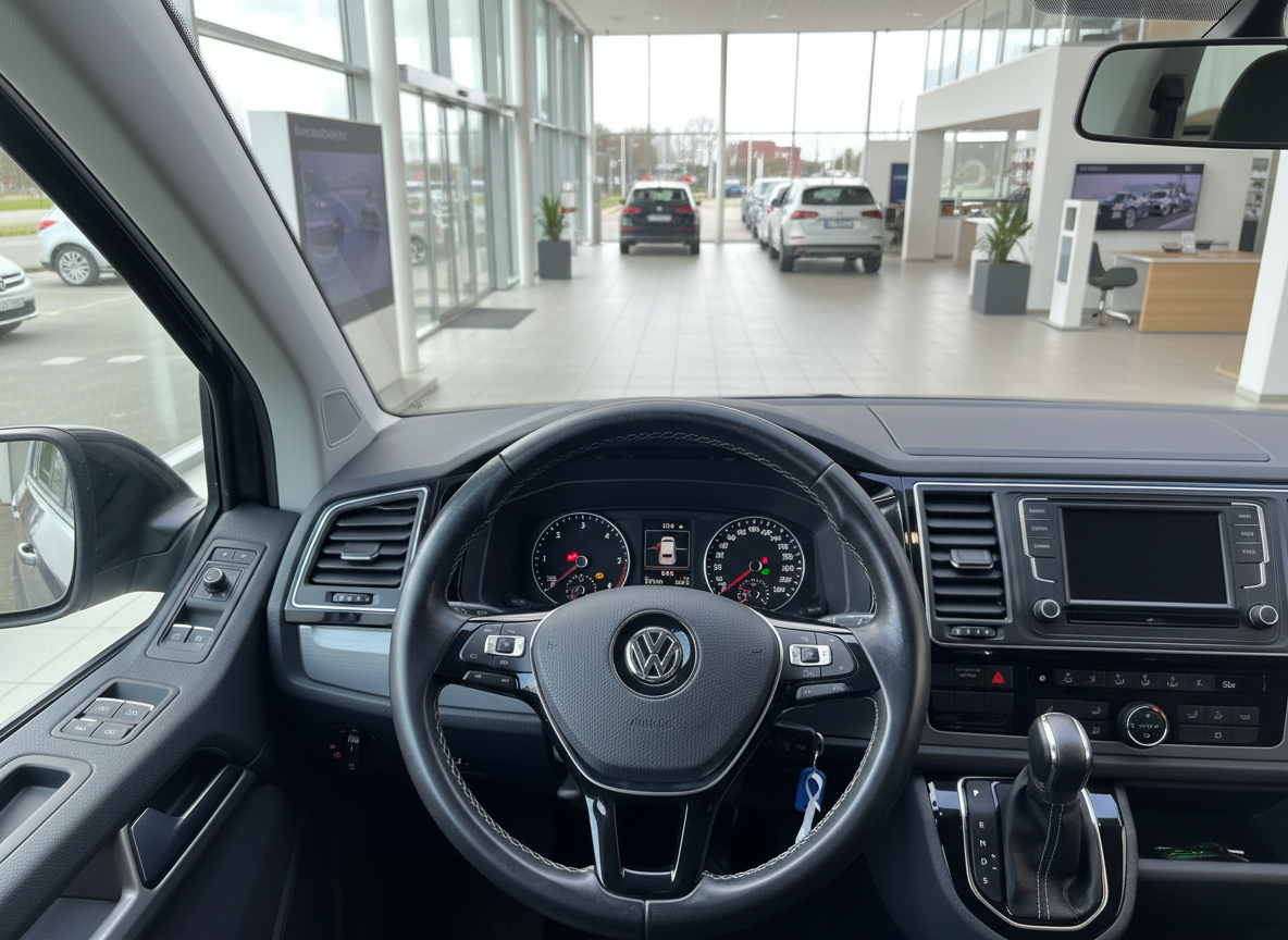 Volkswagen Transporter T6 Innenraum mit Lenkrad und Cockpit im VW-Autohaus