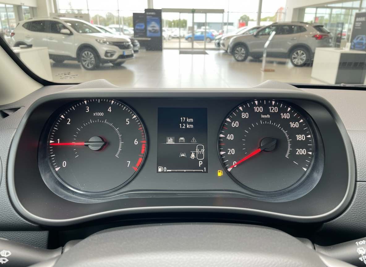 Tacho und Armaturenbrett eines Renault Neuwagens mit 17 km Kilometerstand im Autohaus