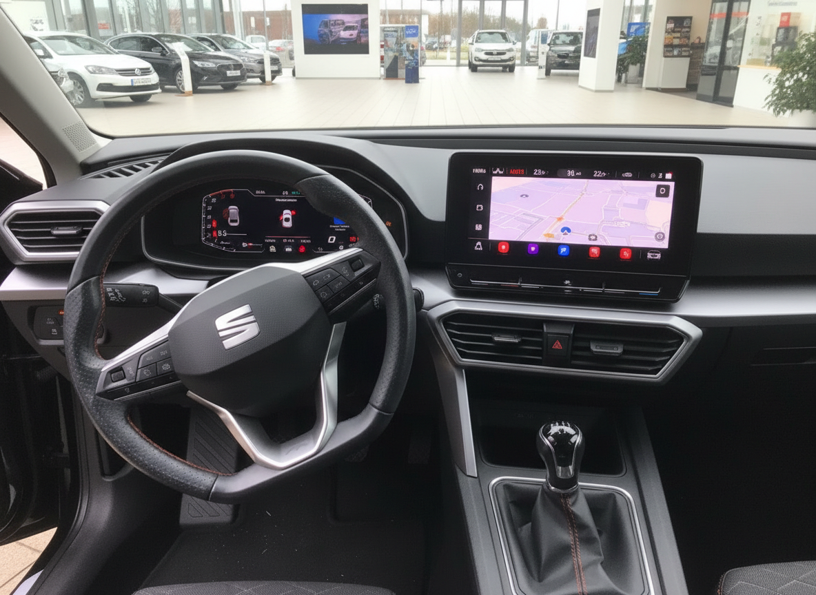 SEAT Innenraum mit digitalem Cockpit, Navigationssystem und Schaltgetriebe im Autohaus