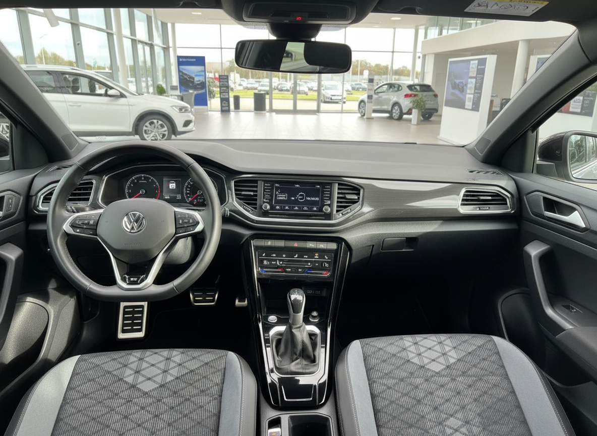 Volkswagen T-Roc Innenraum mit Cockpit, Lenkrad, Infotainment und Schaltgetriebe