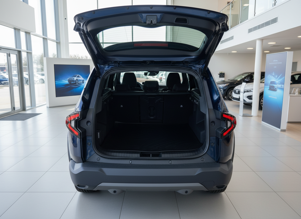 Blauer SUV mit geöffneter Heckklappe im Autohaus – geräumiger Kofferraum