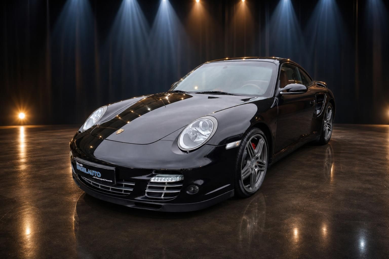 Porsche 911 Turbo schwarz Sportwagen schräg vorne Luxusfahrzeug
