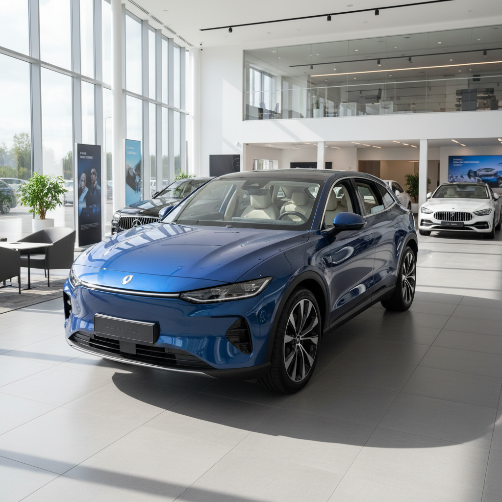 Blauer Elektro-SUV im modernen Autohaus-Showroom mit großen Fensterfronten