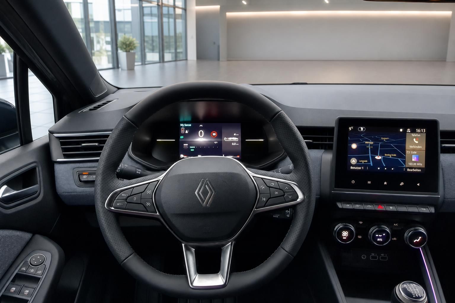 Renault Clio Cockpit-Detailansicht mit digitalem Armaturenbrett und Infotainment-System