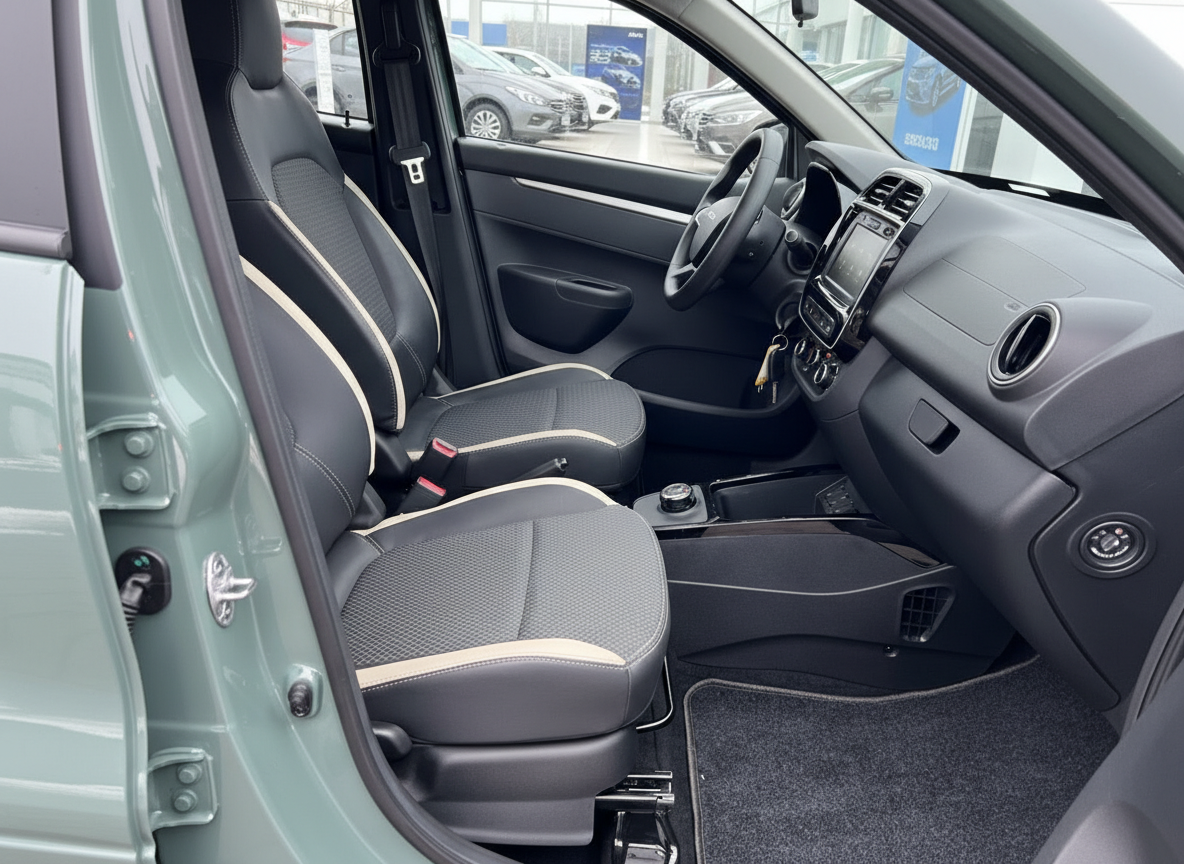 Innenraum Dacia Duster Beifahrerseite mit schwarzen Sitzen und beigen Akzenten