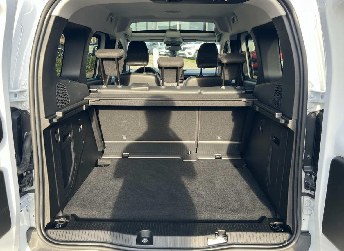 Geräumiger Kofferraum eines weißen Vans mit umgeklappten Rücksitzen und Teppichboden