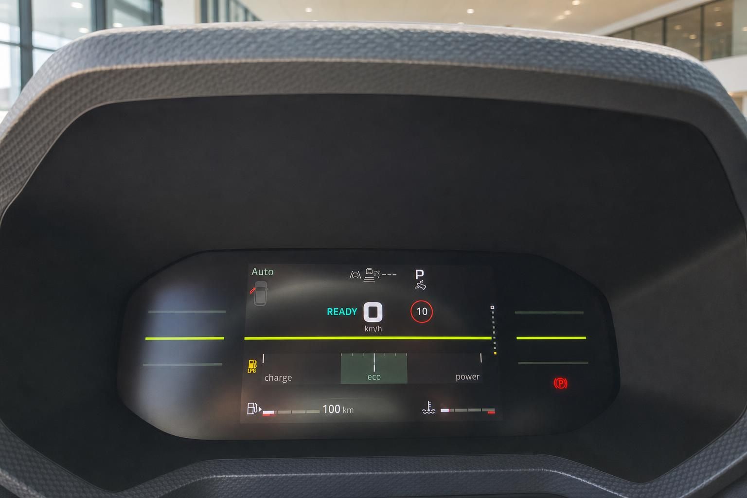 Digitales Armaturenbrett mit Elektroauto-Anzeigen - READY Status, Eco-Modus und 100 km Reichweite