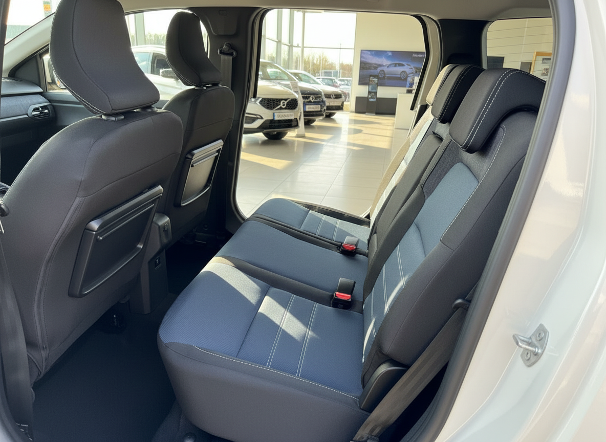 Fahrzeuginnenraum Rücksitzbank mit blau-schwarzem Stoff und weißen Ziernähten im Autohaus