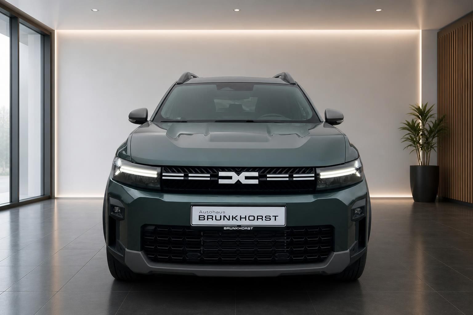Dacia SUV Frontansicht in grau-grün metallic mit markanter LED-Lichtsignatur im Showroom