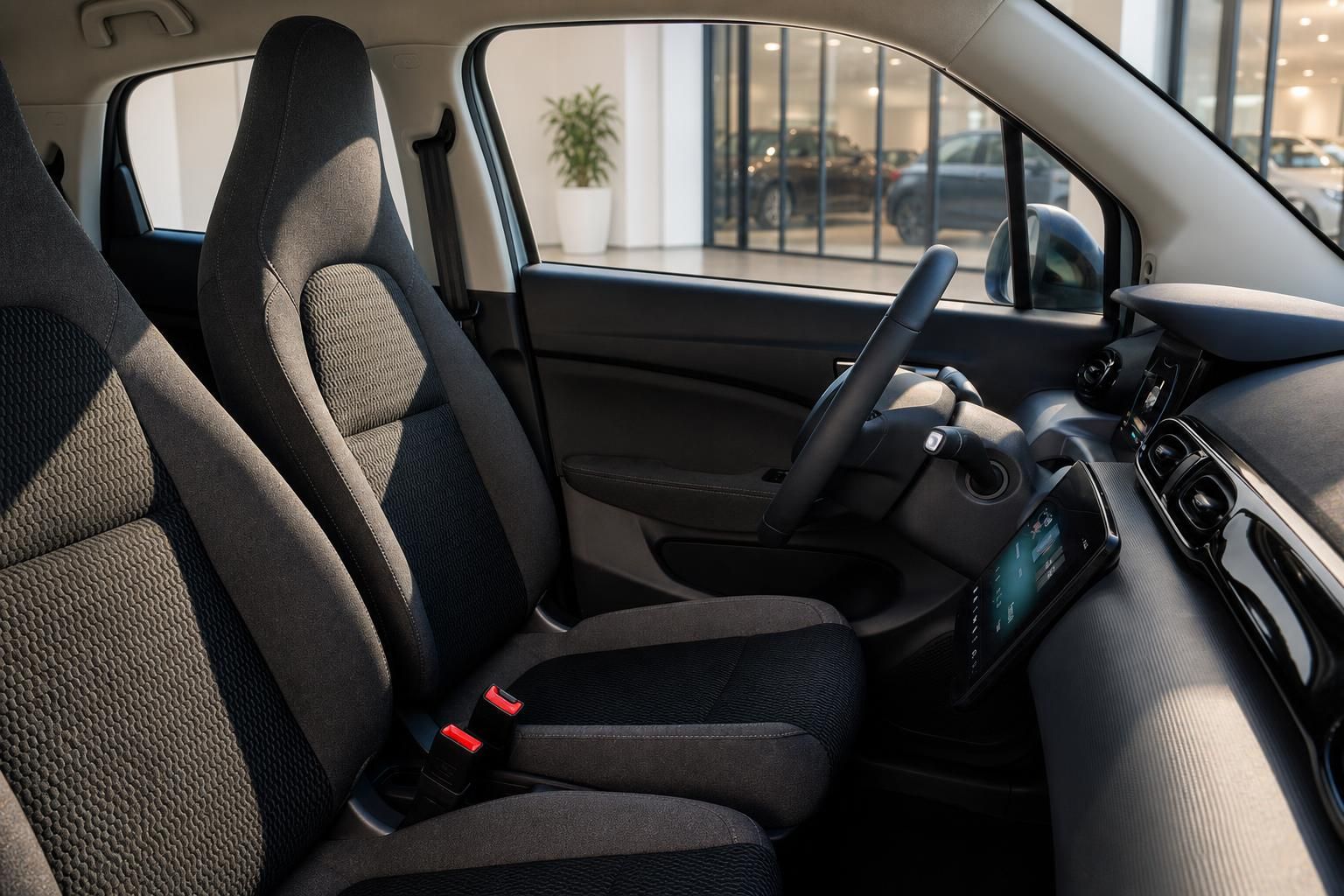 Innenraum eines Kleinwagens mit Blick auf Vordersitze und Cockpit
