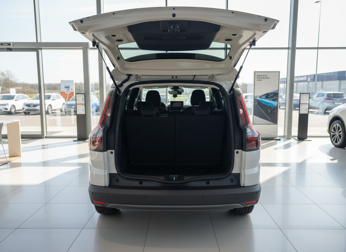 Weißes SUV mit geöffneter Heckklappe im Autohaus – Kofferraum und Innenraum sichtbar