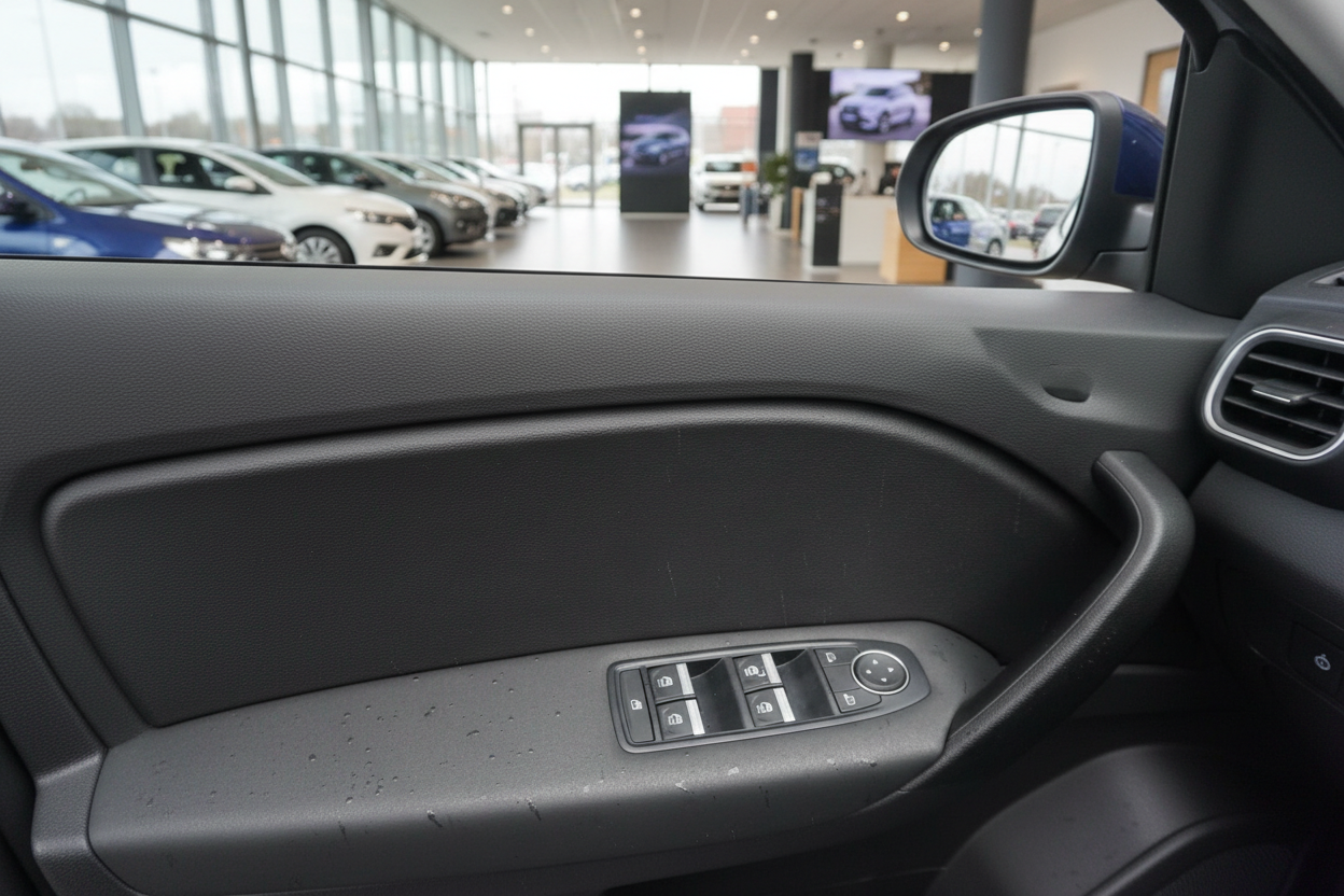 Fahrzeuginnenraum Fahrerseite Türverkleidung mit Fensterheber-Schaltern und Außenspiegel im Autohaus