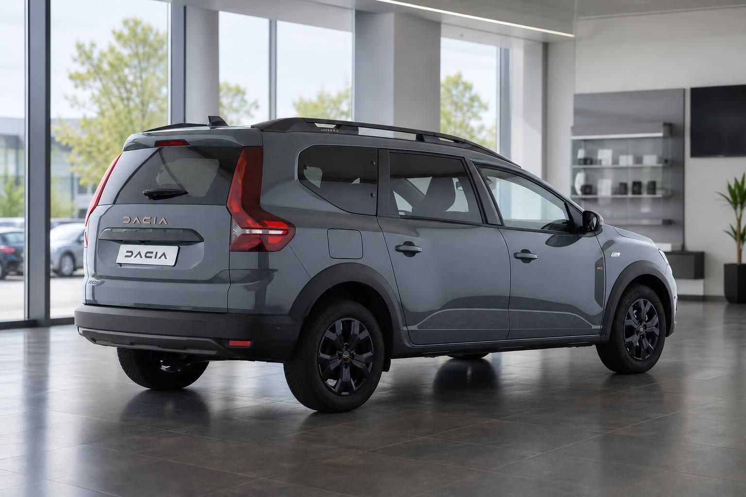 Dacia Jogger Heckansicht grau im Autohaus präsentiert