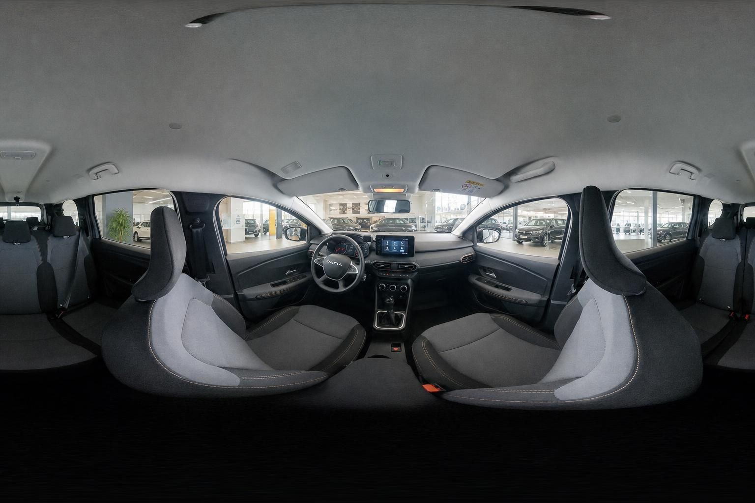 Dacia Innenraum 360-Grad-Ansicht mit Sitzen und Cockpit im Autohaus