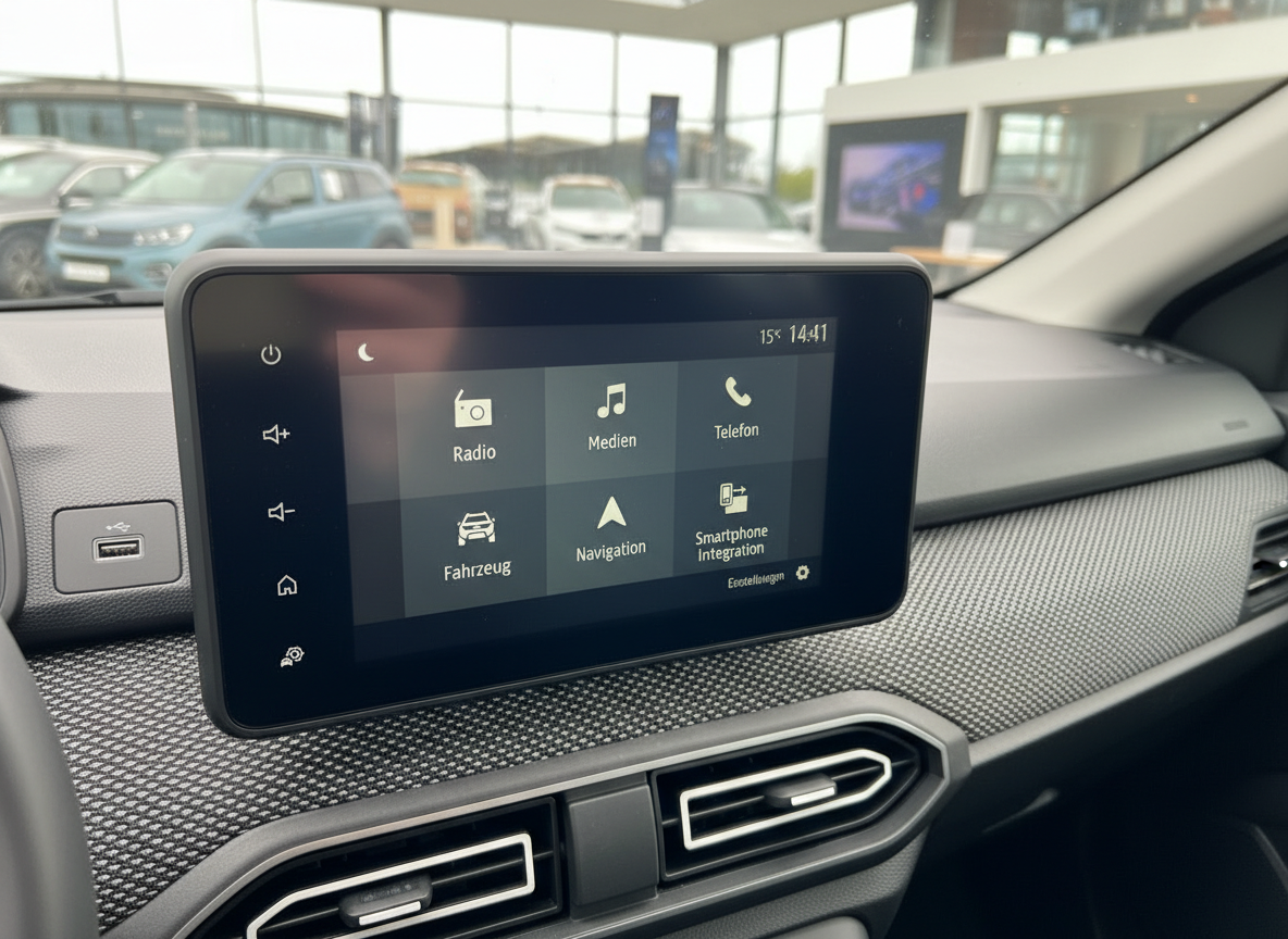 Infotainment-Touchscreen im Dacia mit Navigation, Radio, Medien und Smartphone Integration