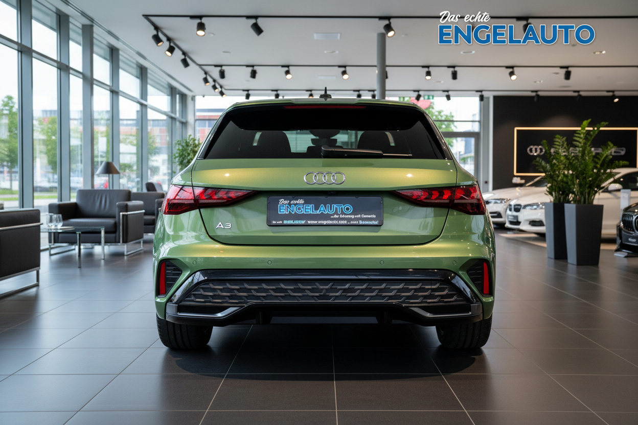 Audi A3 Sportback in Grün Heckansicht im Autohaus Engelauto Showroom mit LED-Rückleuchten und sportlichem Diffusor