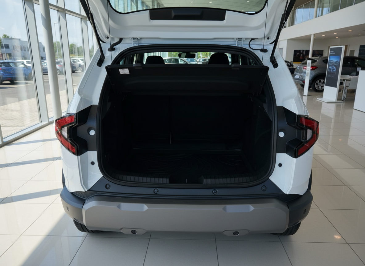 Weißer SUV Kofferraum geöffnet im Autohaus – Laderaum Ansicht von hinten