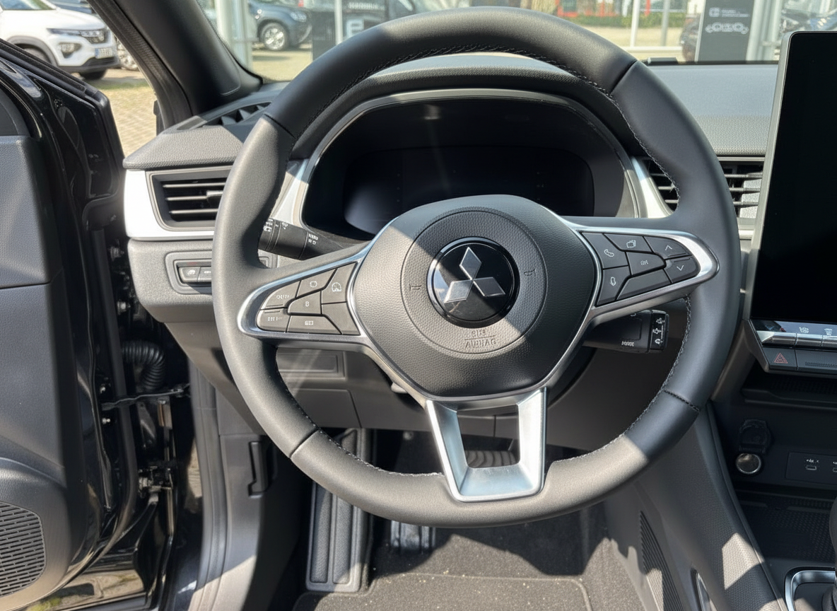 Mitsubishi Innenraum mit Lederlenkrad und Multifunktionstasten – modernes Cockpit