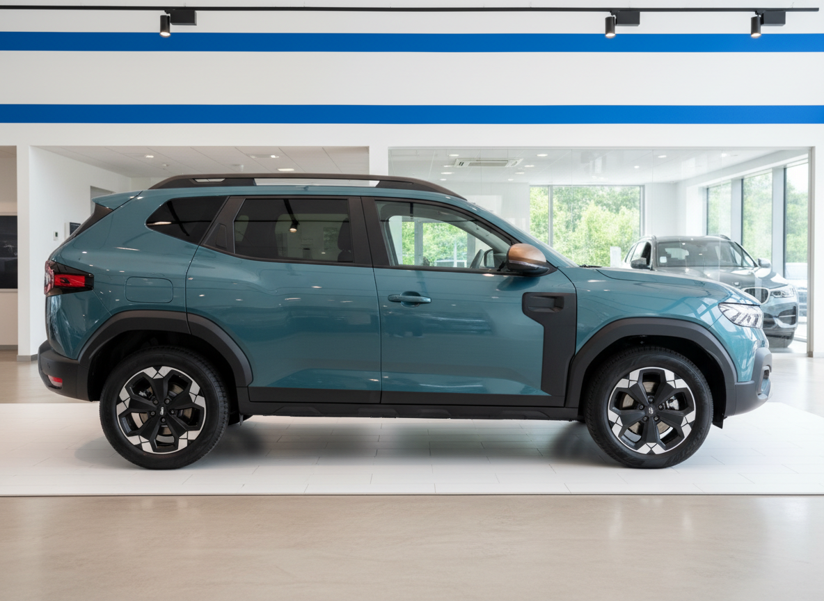 Dacia Duster SUV in Blaugrün Seitenansicht im Autohaus Showroom