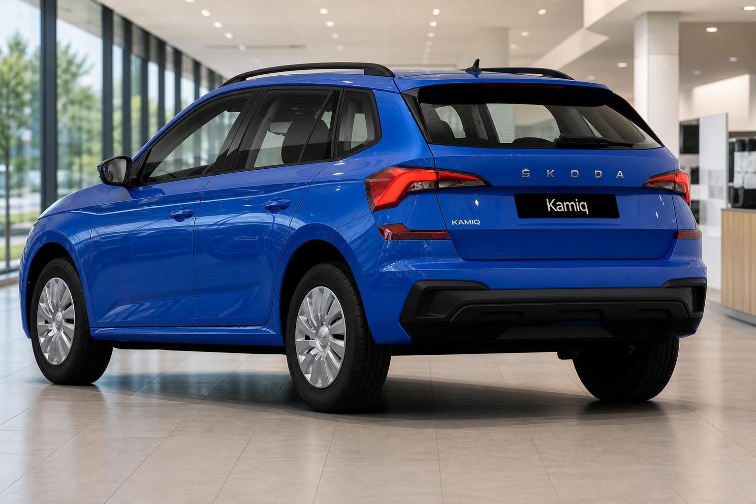 Skoda Kamiq blau Heckansicht im Autohaus