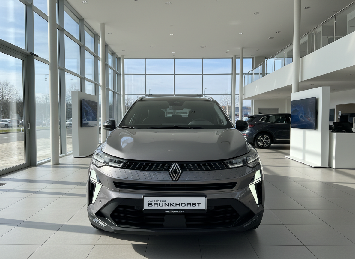 Renault Symbioz in Grau, Frontansicht im Autohaus Brunkhorst Showroom