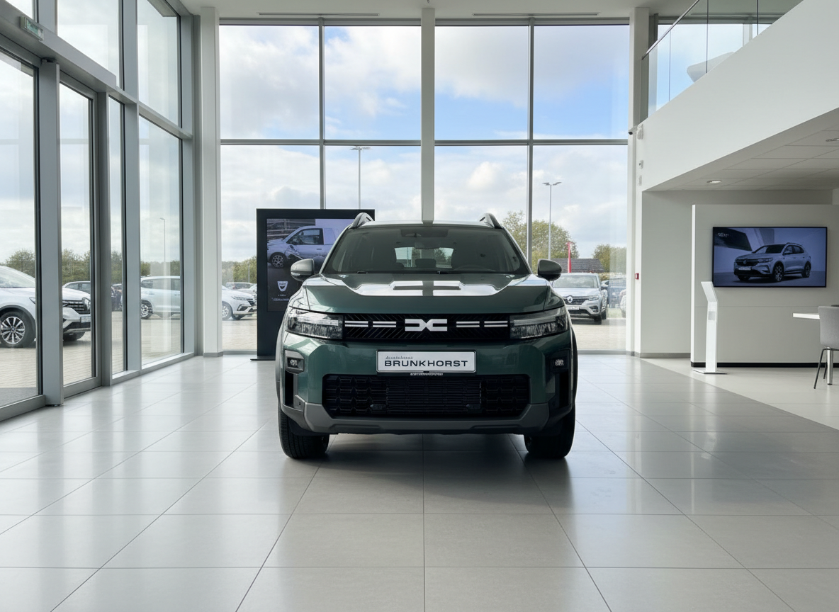 Dacia Duster SUV in Dunkelgrün Frontansicht im Autohaus Brunkhorst Showroom