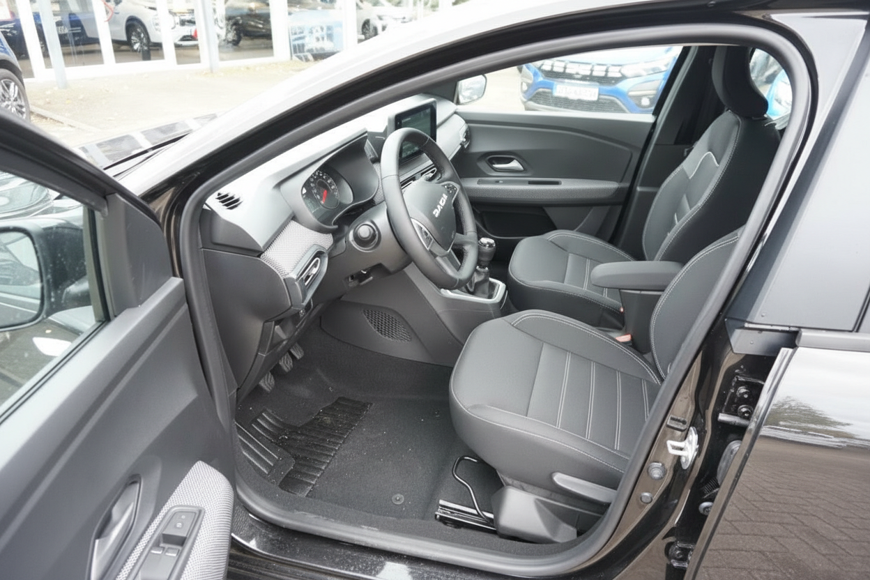Dacia Innenraum mit schwarzen Ledersitzen, Lenkrad und Schaltgetriebe – Fahrerseite geöffnet