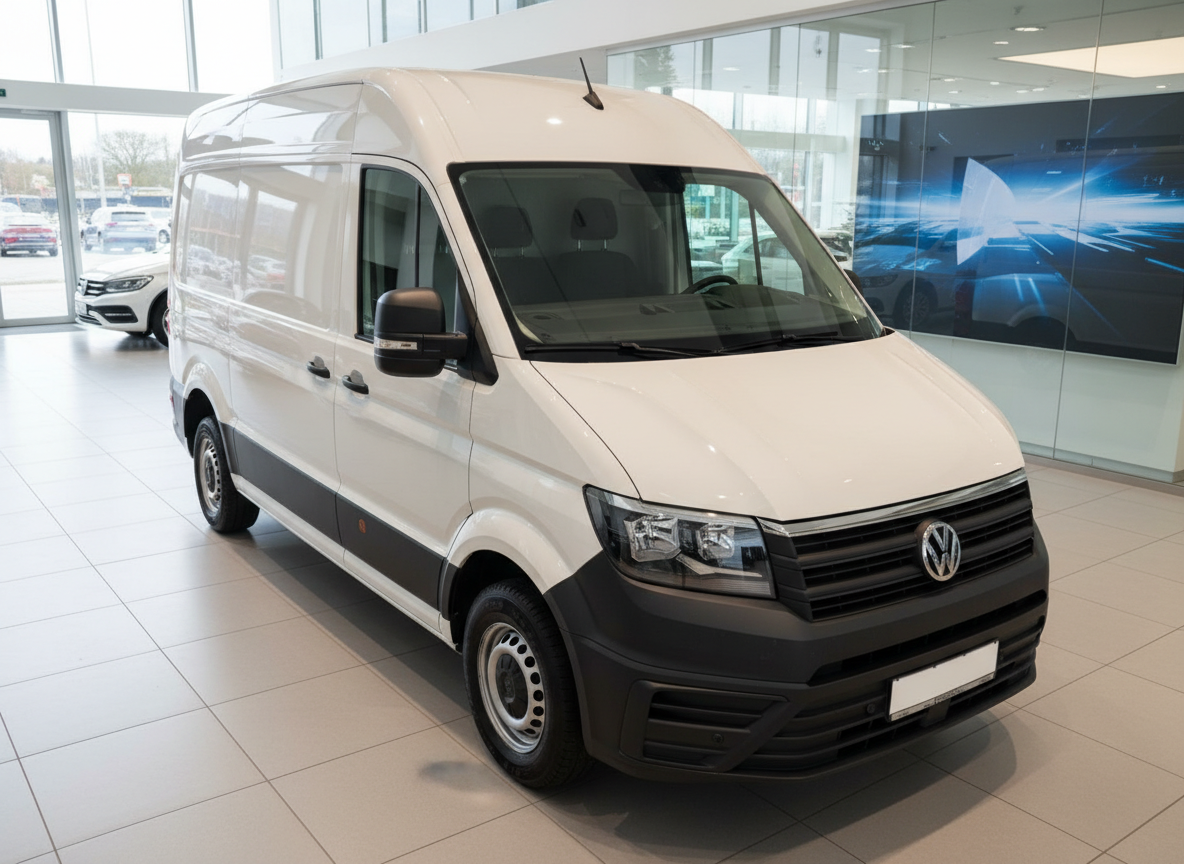 Weißer Volkswagen Crafter Kastenwagen Hochdach im Autohaus Showroom