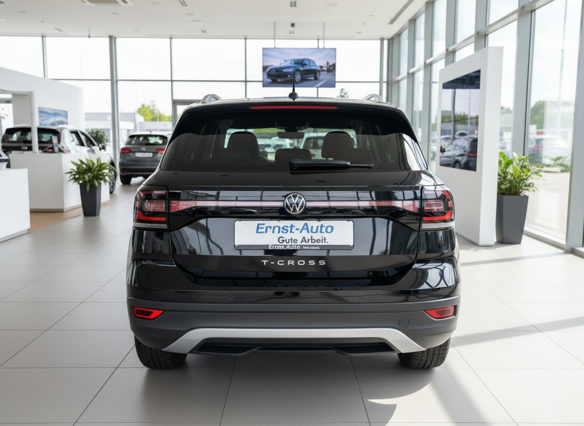 Schwarzer Volkswagen T-Cross Heckansicht im Autohaus Ernst-Auto