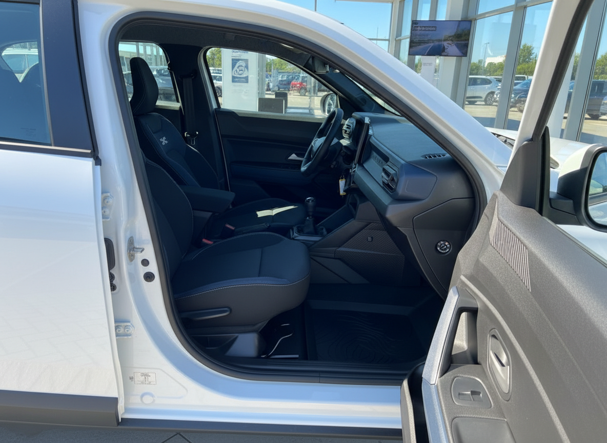 Innenraum eines weißen SUV mit schwarzen Sportsitzen und Schaltgetriebe im Autohaus