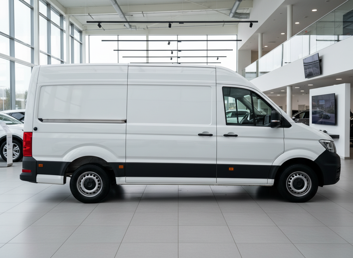 Weißer Volkswagen Crafter Kastenwagen Hochdach im Autohaus Showroom, Seitenansicht