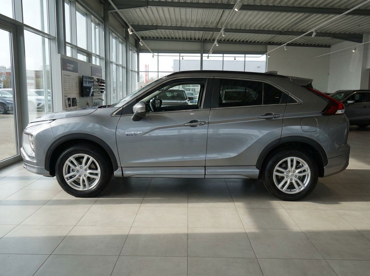 Mitsubishi Eclipse Cross PHEV Silber Seitenansicht im Autohaus Showroom