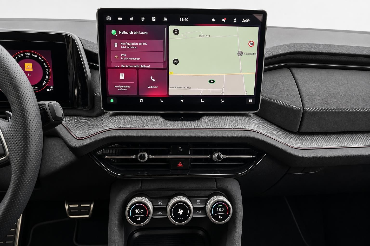Infotainmentsystem mit Navigationskarte und Klimabedienung im Cockpit