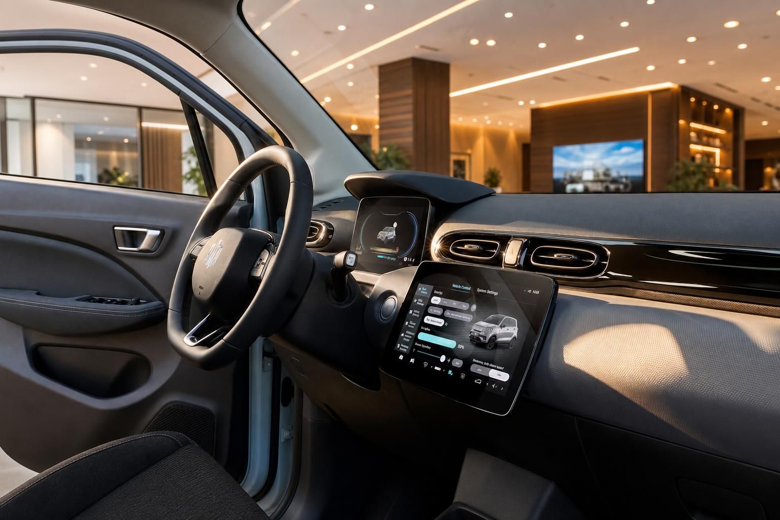 Cockpit mit Lenkrad und Touchscreen-Infotainmentsystem im Fahrzeug