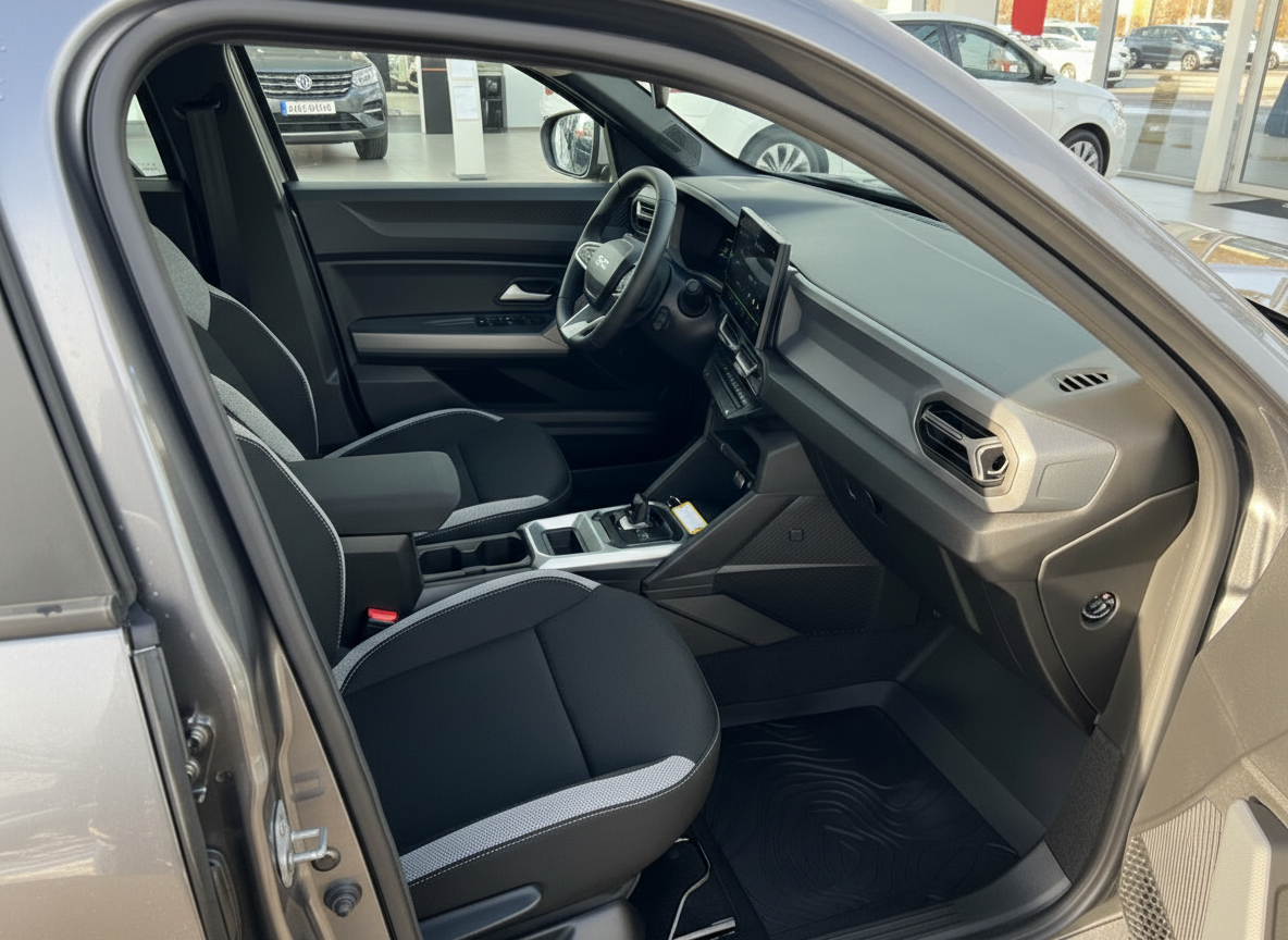 Fahrzeug Innenraum mit schwarzen Stofssitzen, Touchscreen und modernem Cockpit