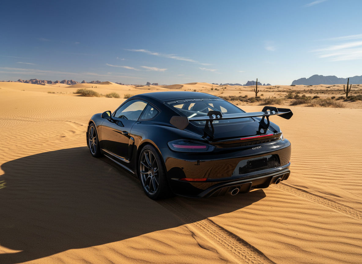 Schwarzer Porsche 718 Cayman GT4 RS mit Carbonflügel im Porsche Showroom - Heckansicht des Sportwagens mit markanten Auspuffendrohren und GT4 RS Schriftzug