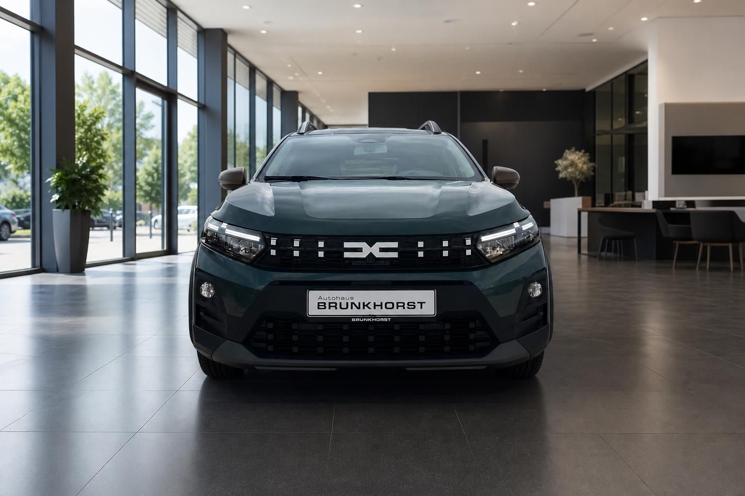 Dacia SUV Frontansicht - grüner Crossover im modernen Autohaus Showroom