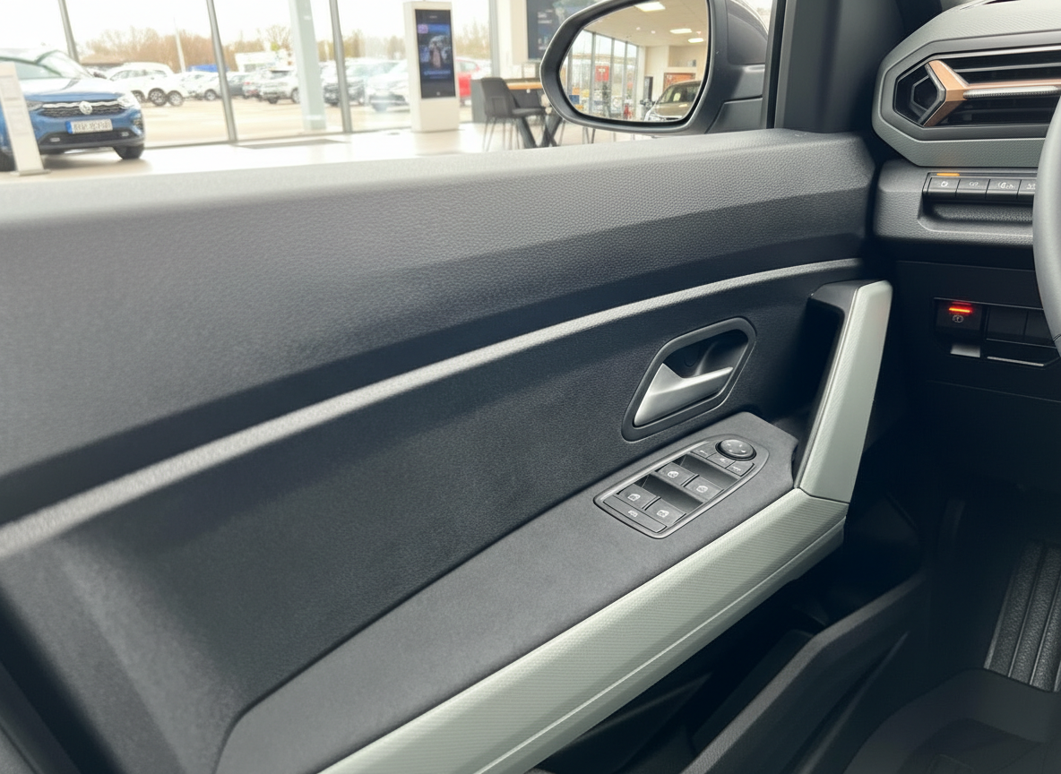 VW Fahrzeug Innenraum Fahrertür mit Fensterheber-Schaltern und Türgriff im Autohaus