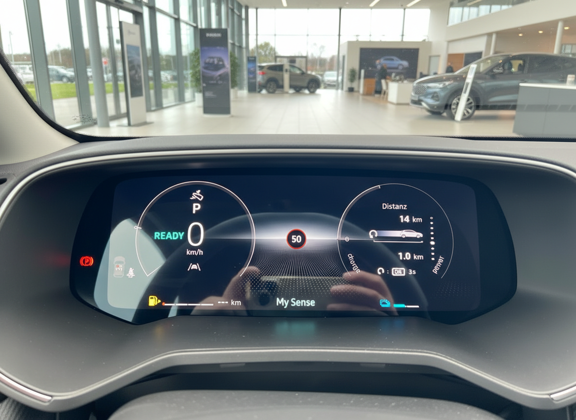 Digitales Kombiinstrument Renault Innenraum mit Tachoanzeige und Fahrerassistenzsystem im Autohaus