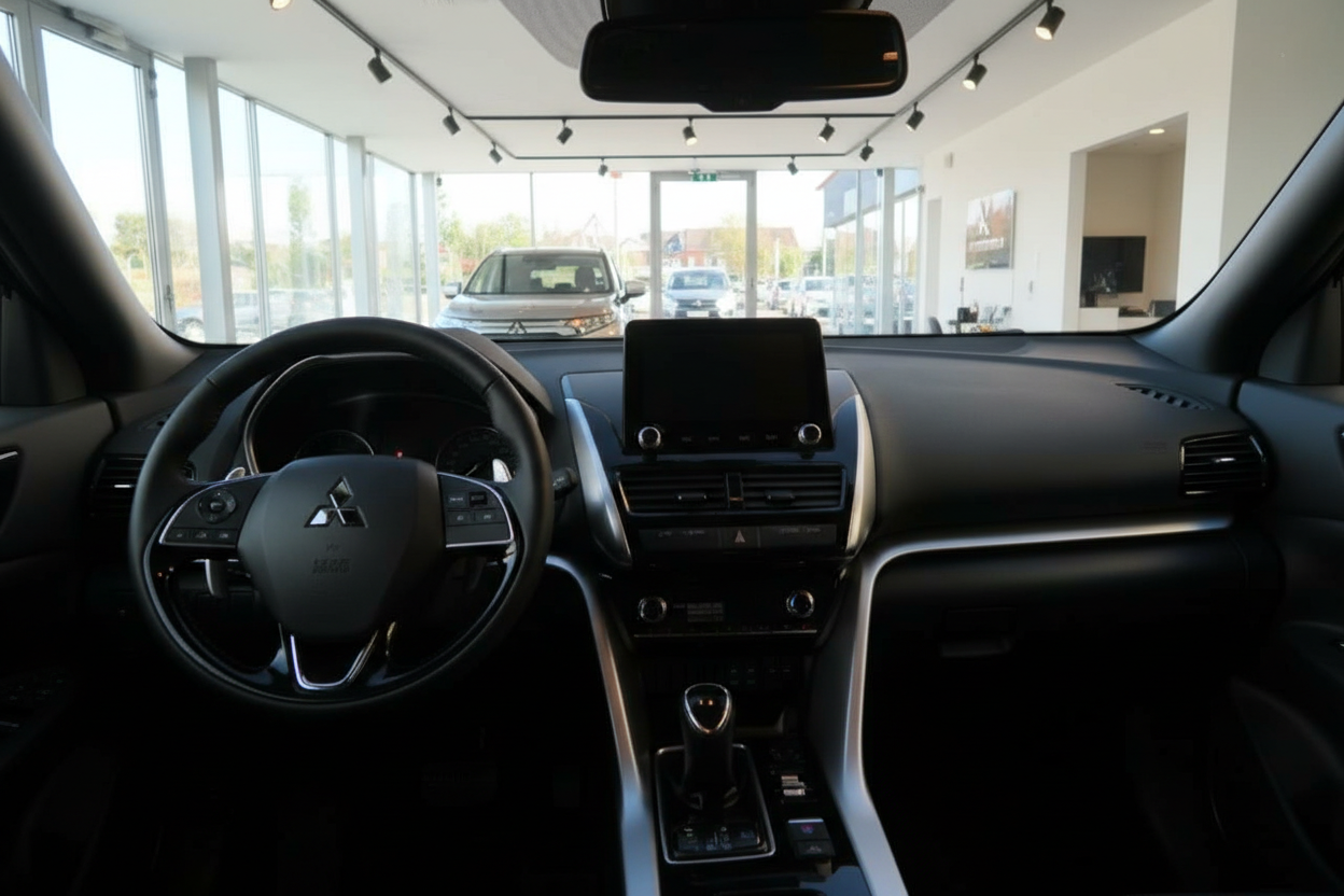 Mitsubishi Innenraum mit Lenkrad, Touchscreen-Infotainment und schwarzem Cockpit im Autohaus