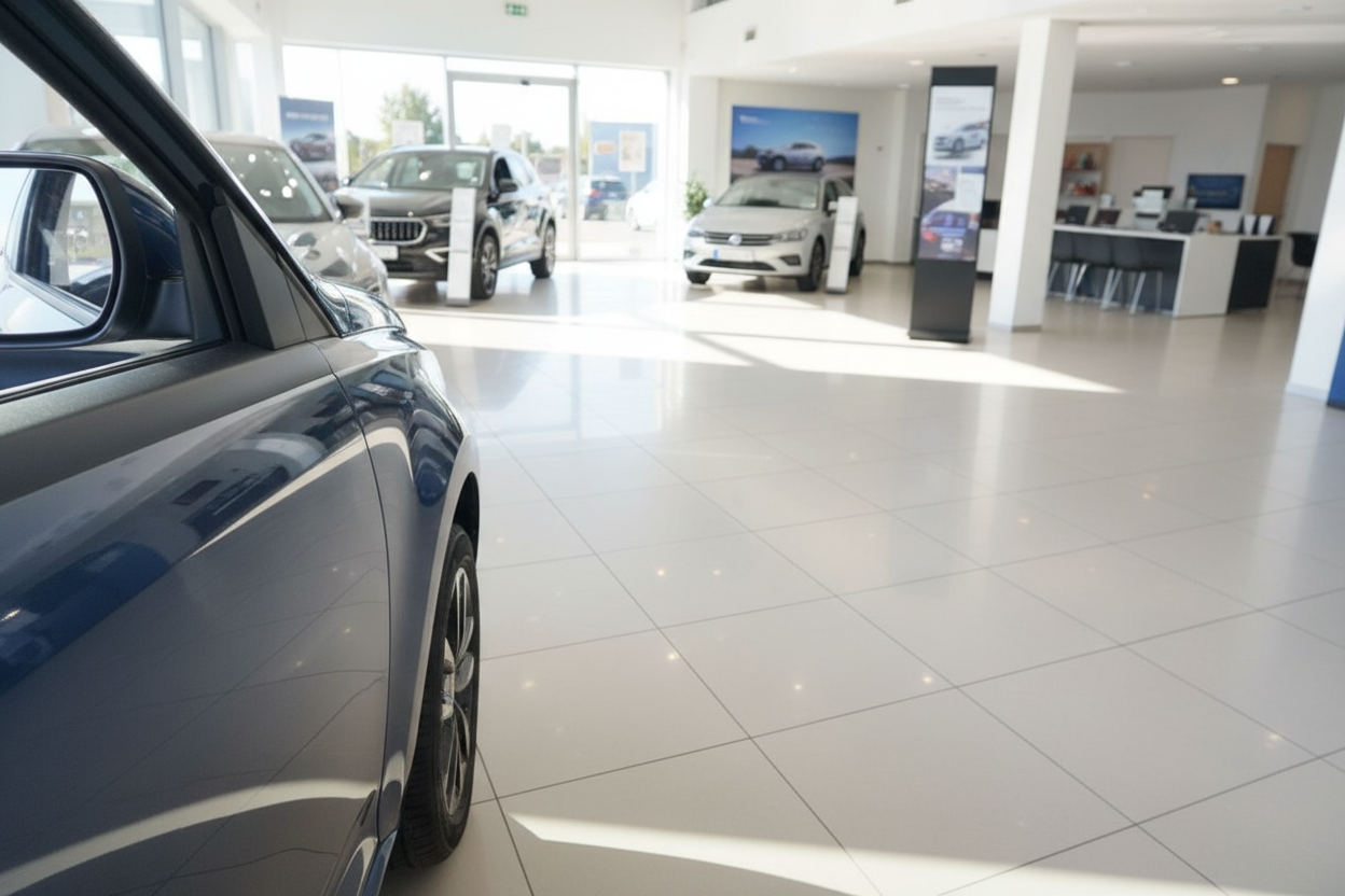 Volkswagen Showroom mit mehreren Neuwagen auf Hochglanzfliesen im Autohaus