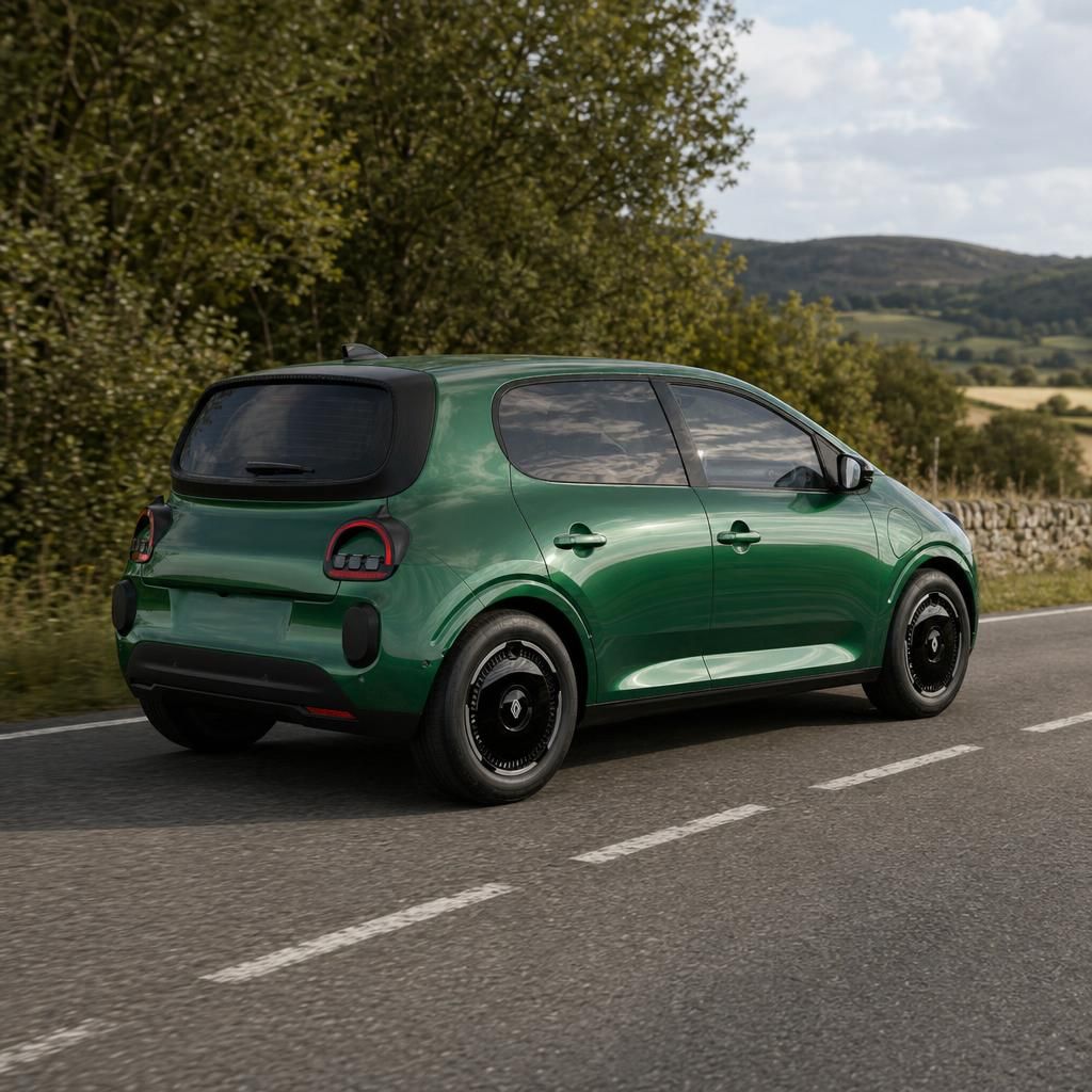 Grüner Renault Elektrofahrzeug Heckansicht auf Straße mit Hügellandschaft und Steinmauer