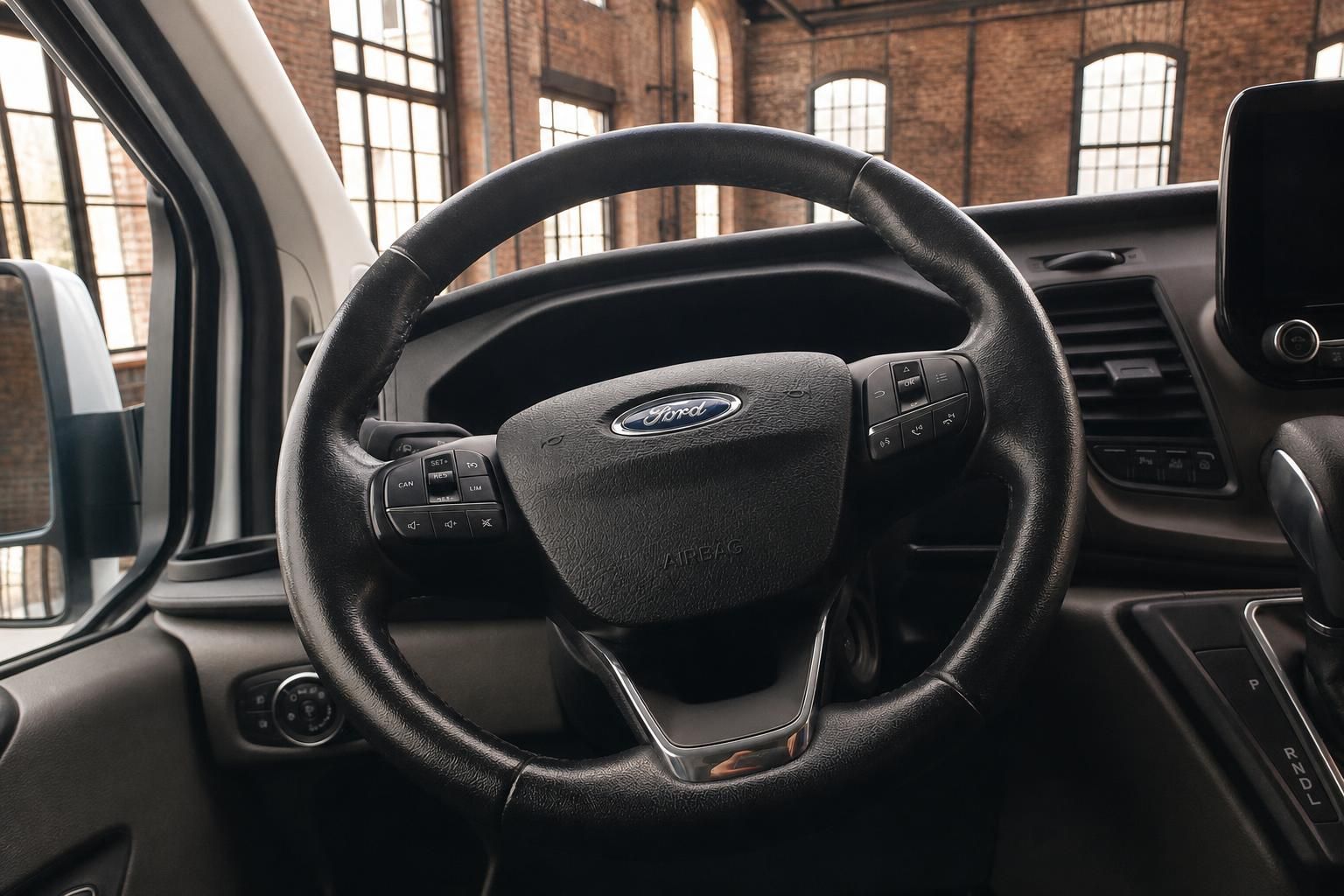 Ford Lenkrad Nahaufnahme mit Bedientasten im Transporter