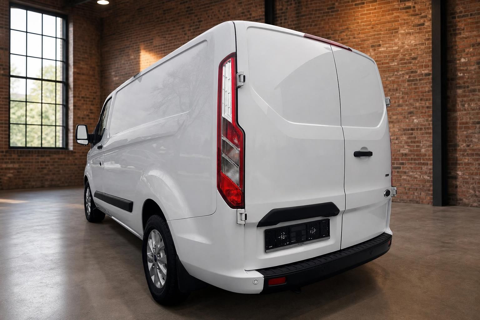 Ford Transit Custom weiß Kastenwagen Heckansicht seitlich Halle