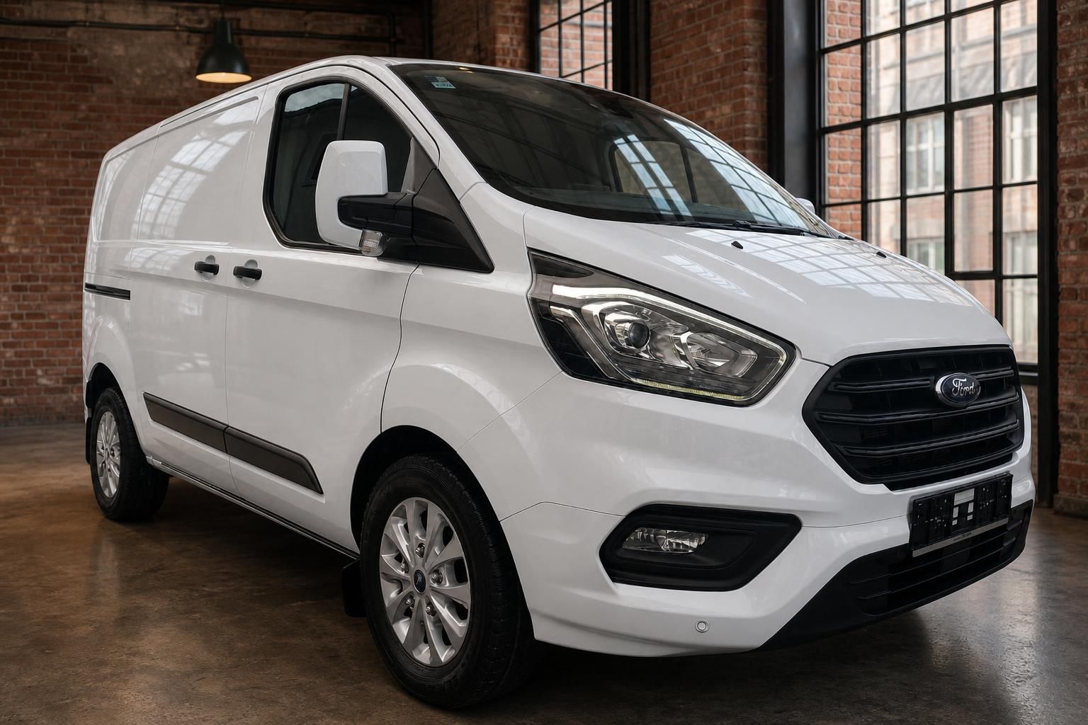 Ford Transit Custom weiß Kastenwagen Frontansicht in Ziegelhalle