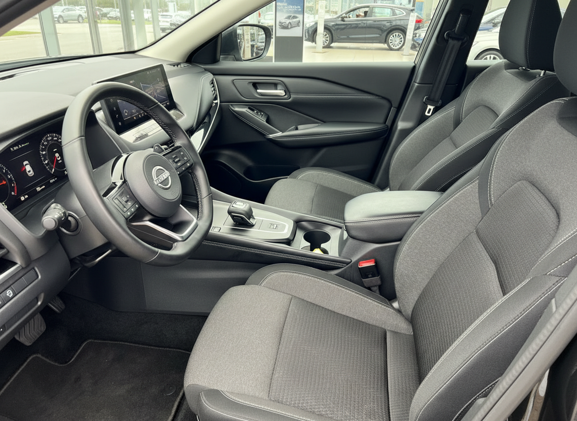 Nissan Qashqai Innenraum mit schwarzen Stoffsitzen, Lenkrad und digitalem Cockpit