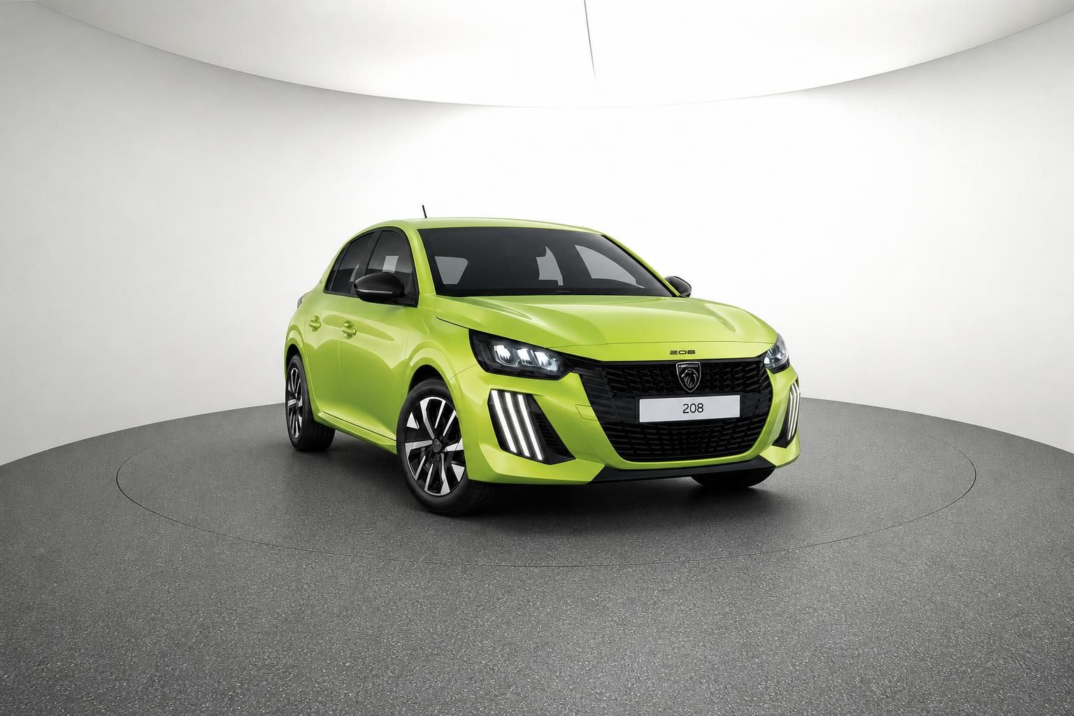 Peugeot 208 Frontansicht in Gelbgrün im Fotostudio – kompakter Kleinwagen