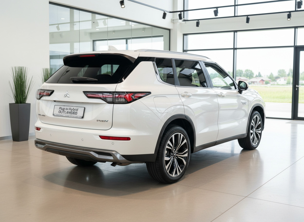 Mitsubishi Outlander Plug-in Hybrid PHEV weiss Heckansicht im Autohaus Showroom