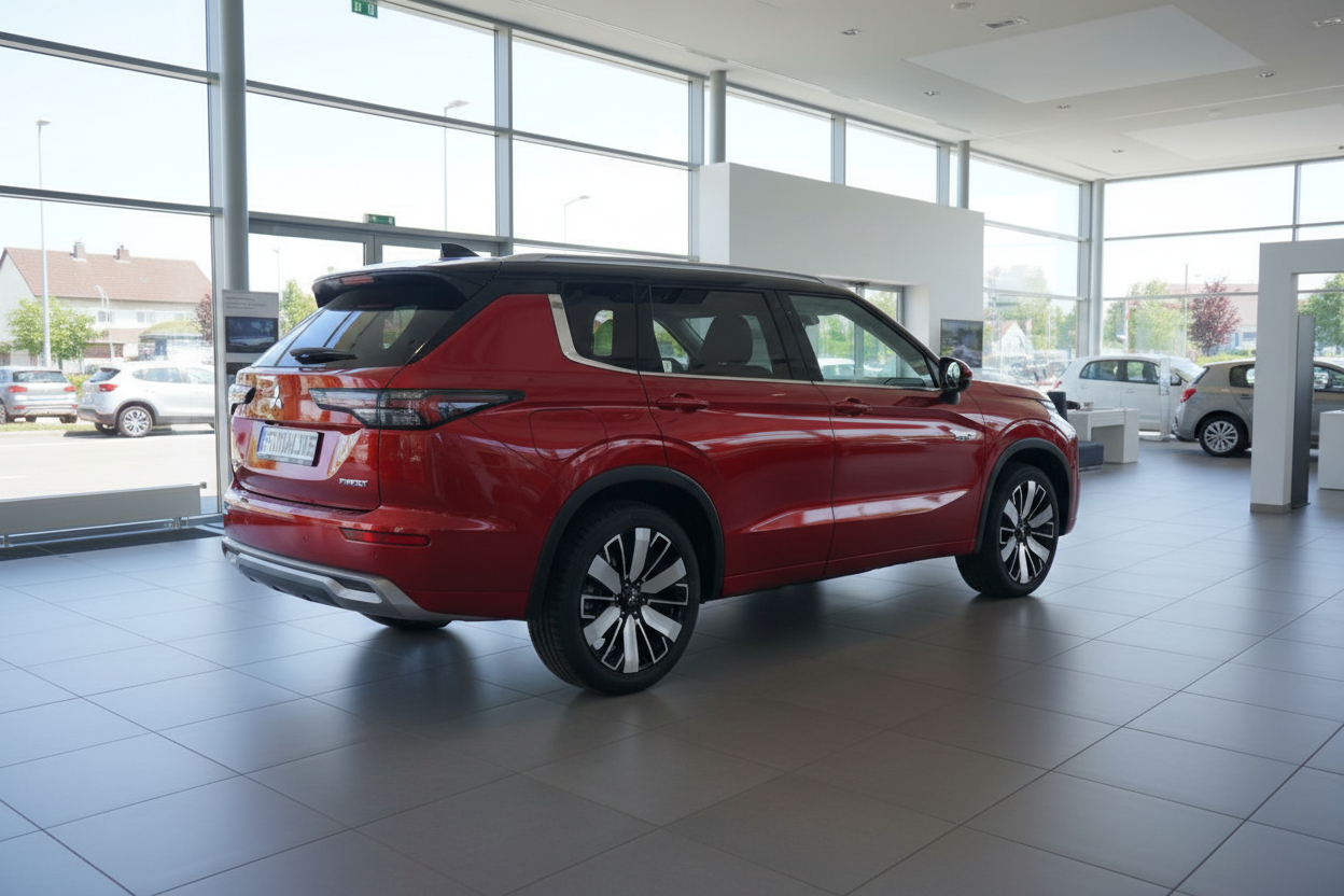 Roter Mitsubishi Eclipse Cross PHEV SUV in Autohaus Showroom, Heckansicht