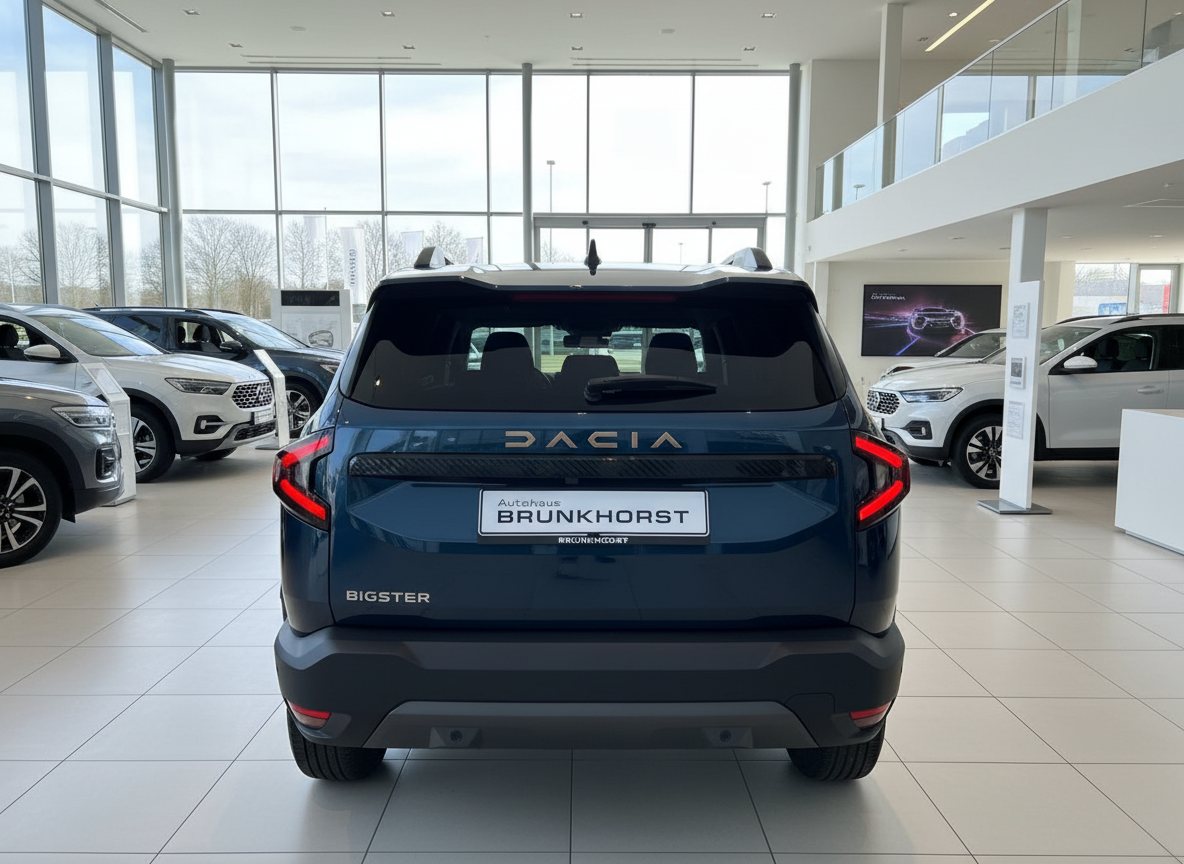Dacia Bigster SUV in Dunkelblau – Heckansicht im Autohaus Brunkhorst Showroom